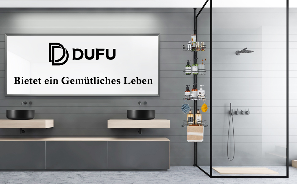 DUFU Поличка для душу та ванни кутова металева з 4 кошиками, регульована висота 73-265 см, чорна