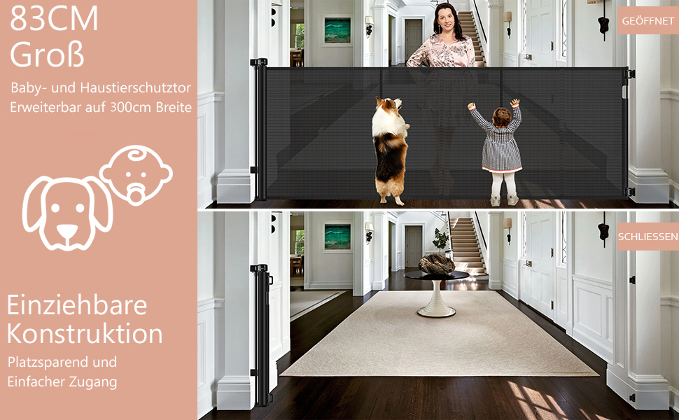 Захисний бар'єр для дітей, котів та собак: розтяжний захист для сходів та дверей (300 см, сірий)