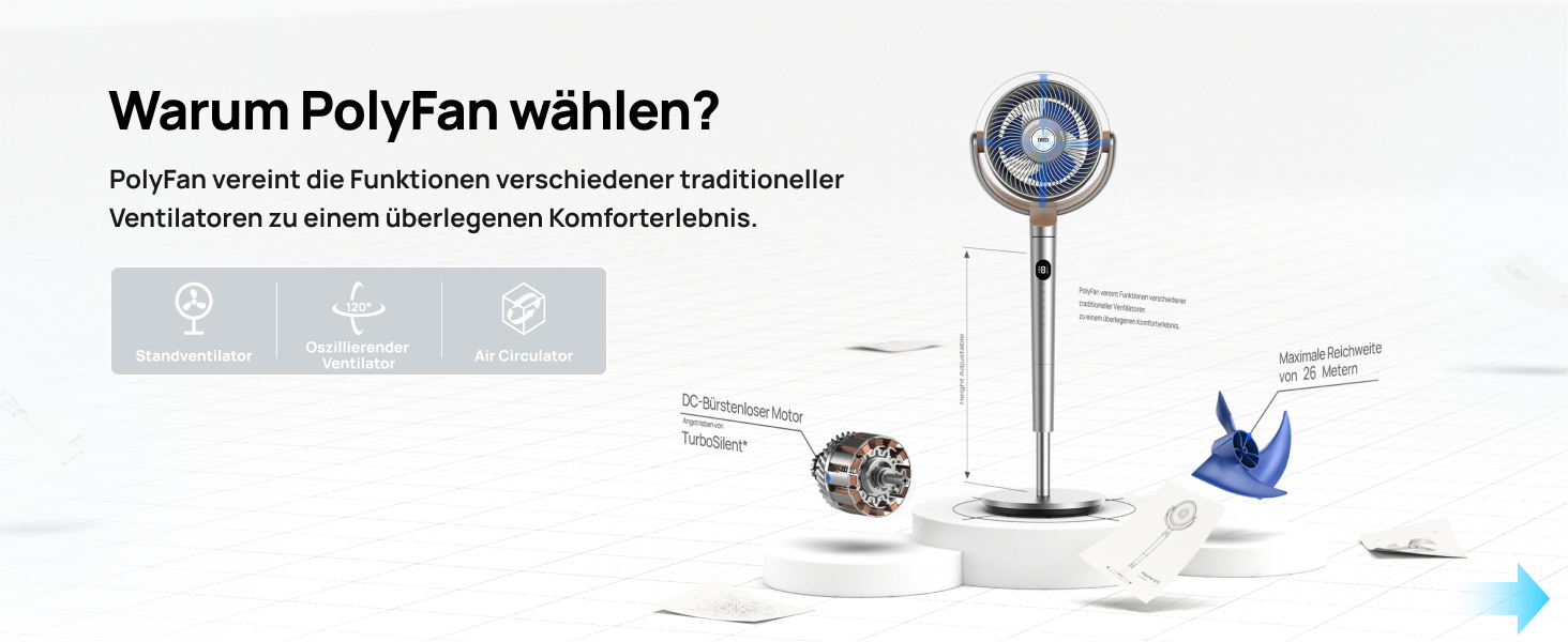 Вентилятор підлоговий Dreo, 102 см, 3 режими, 8 швидкостей, срібний, потужний, 1200 м³/год, 26 м відстань, 120° осциляція