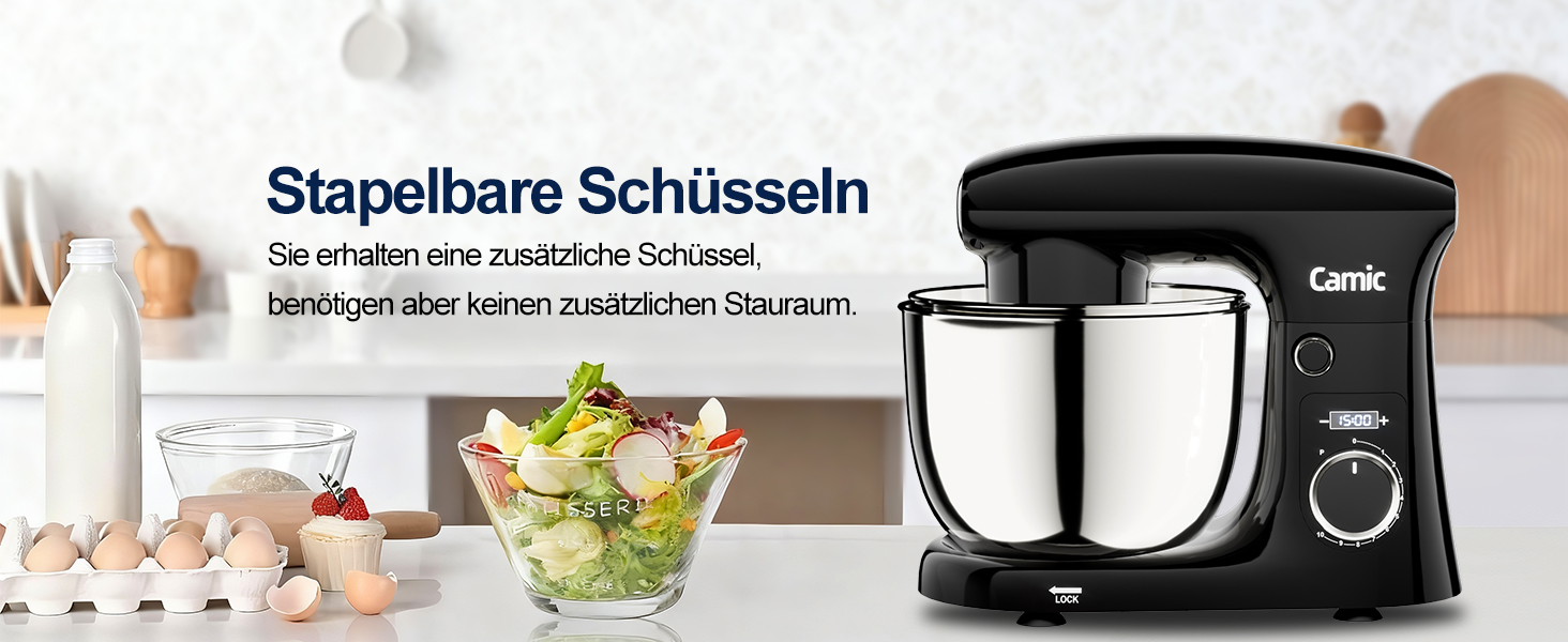 Кухонний комбайн-міксер Camic з LED-дисплеєм, 10 швидкостей, 3 насадки (вінчик, міксер, гак) та 2 чашами з нержавіючої сталі 4л і 5л для тіста, хліба та тортів, чорний