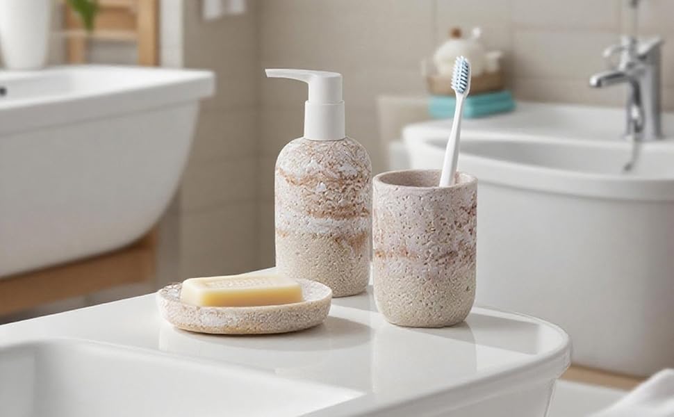Набір для ванної кімнати 3 шт: дозатор для мила, мильниця та тримач для зубних щіток, білий, з високоякісного харчу, від виробника DREI