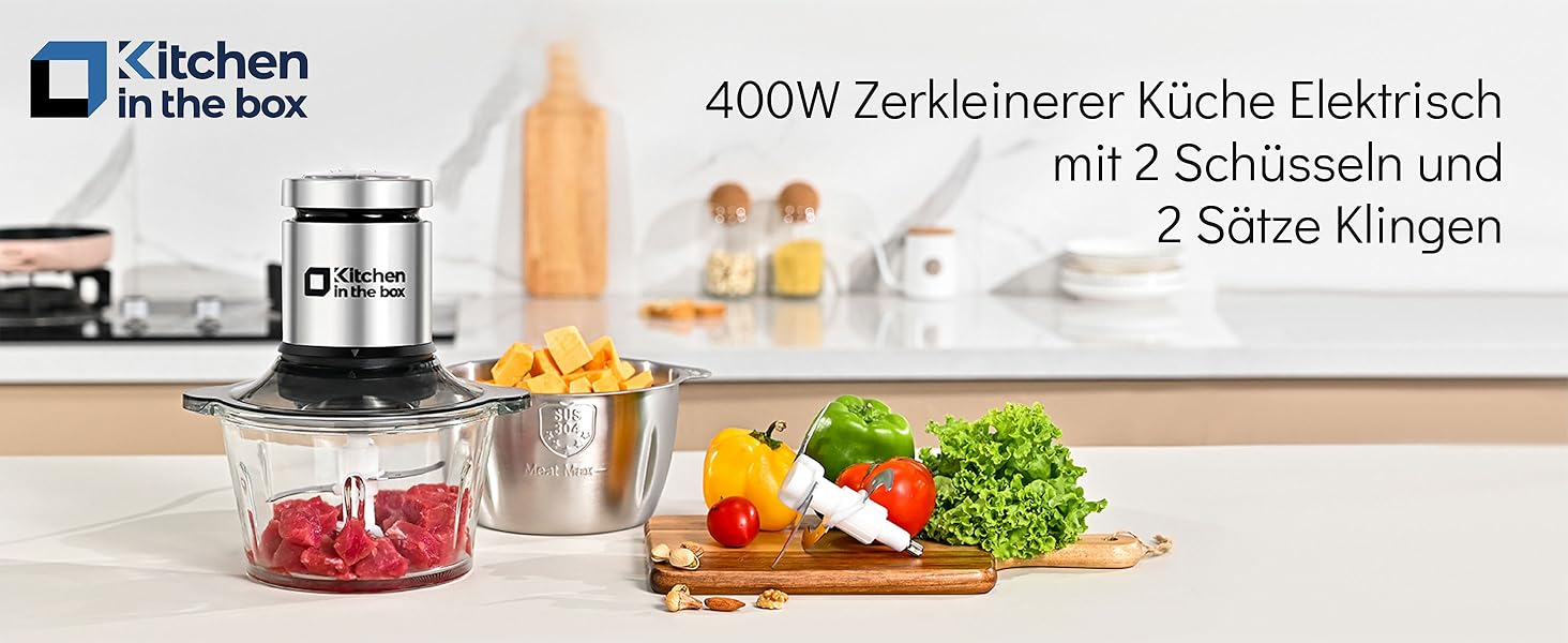 Електричний подрібнювач Zerkleinerer Küche 400W зі скляною (1л) та сталевою (2л) чашами для м'яса, овочів, фруктів та дитячого харчування (Срібний)