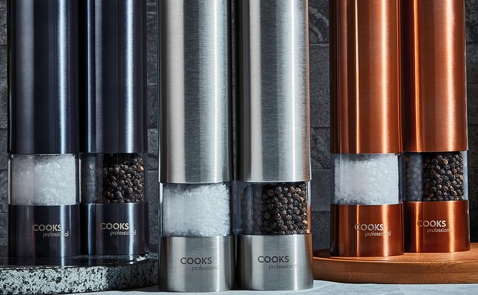 Набір Cooks Professional: електричні млини для солі та перцю з регулюванням помелу, нержавіюча сталь, графіт