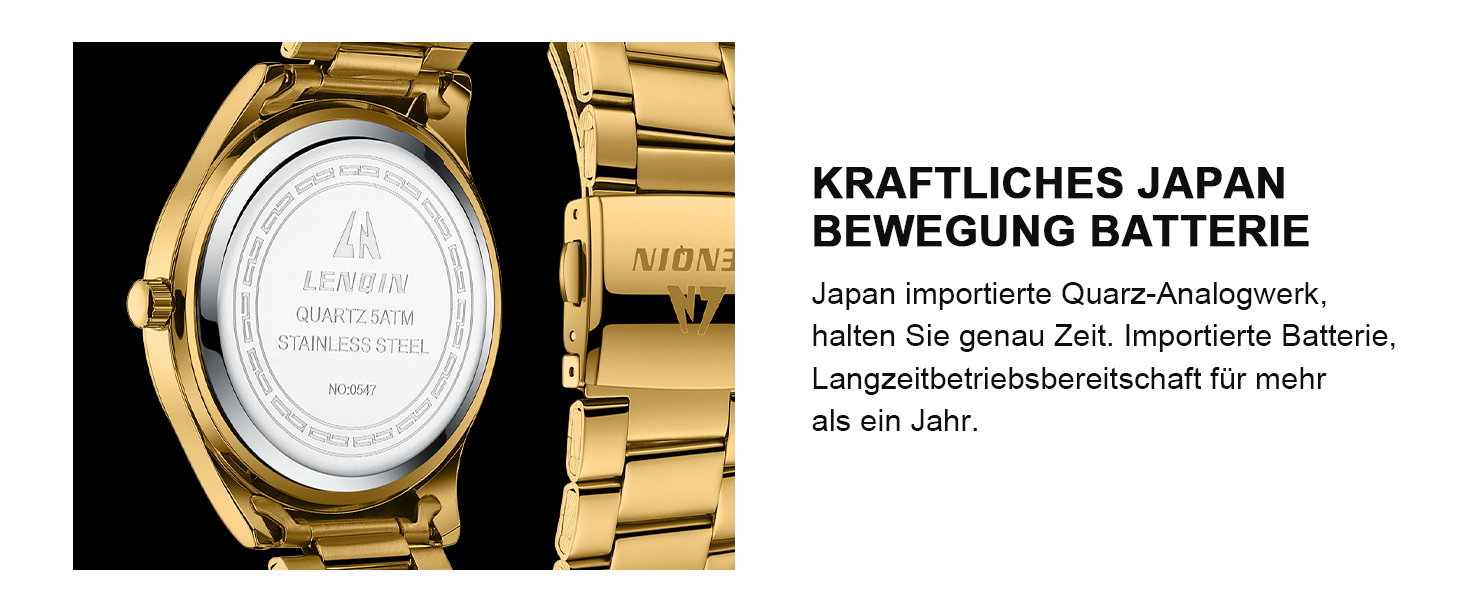 Годинник чоловічий LENQIN з нержавіючої сталі, аналоговий кварцовий годинник, водостійкий (30м), для бізнесу та повсякденного носіння, колір: золото