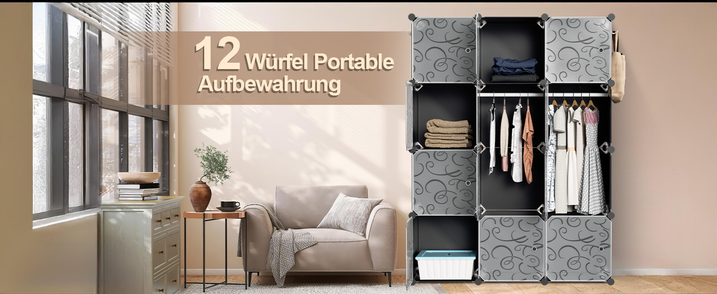 DIY Closet Shelf System, 16 Cubes Wardrobe Closet, Open Wardrobe, Plastic Wardrobe with Doors, Wardrobe Cabinet, Black, 180 x 142 x 37CM (Black 12 Cubes with Clothes Hooks)