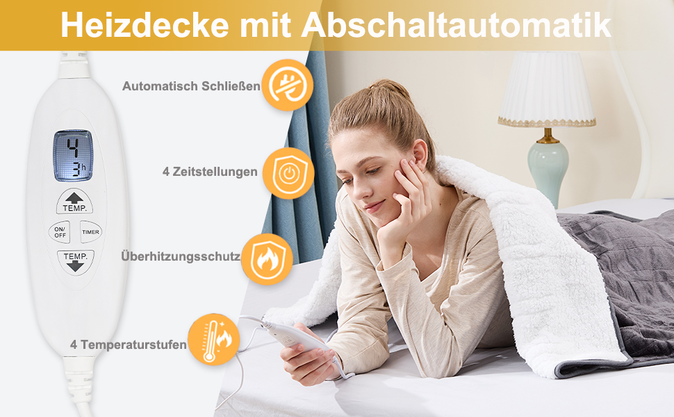 Електрична ковдра Cozysoon з 4 рівнями нагріву та таймером, 180*130 см, з автовимкненням, можна прати в машині