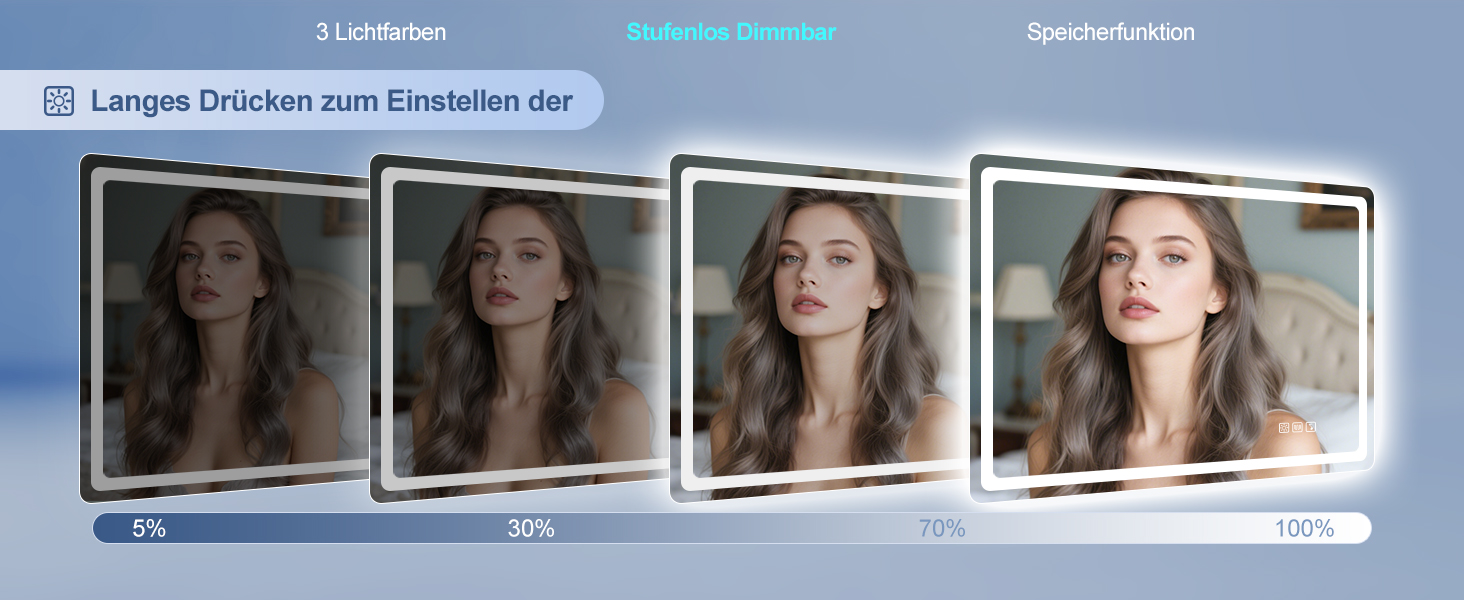 Дзеркало для ванної кімнати зі підсвічуванням STARLEAD 100x70 см з Bluetooth, антизапотівання, регулювання яскравості, 3 кольори світла, пам'ять, IP44, LED, горизонтальне/вертикальне, HD скло, Madrid Silver (M3015)