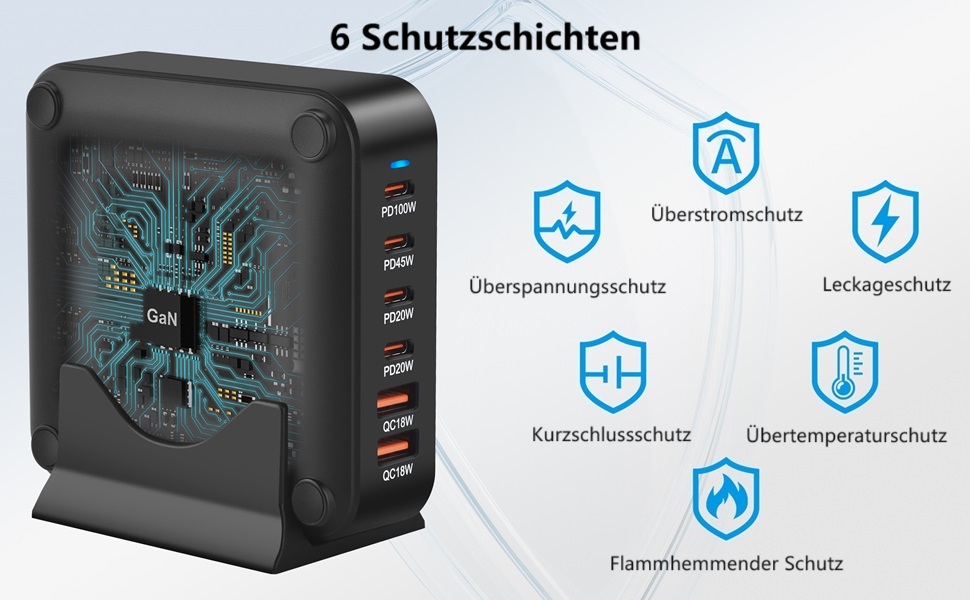 Зарядний пристрій USB C 220W, 6 портів GaN III, швидка зарядка PD + QC для iPhone, Samsung, iPad, MacBook Pro, Dell – Чорний + Кабель USB C 100W 1.5м