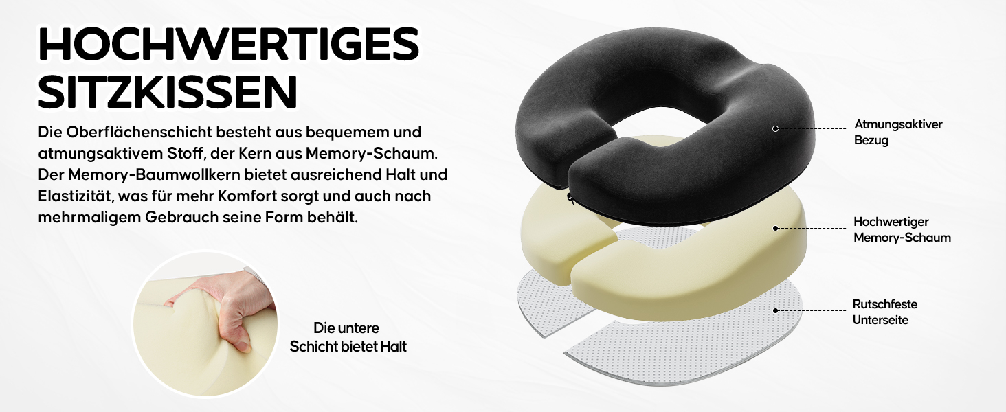 Ортопедична подушка для сидіння Benazcap Donut, для офісних крісел, авто та інвалідних візків – подушка з ергономічної піни з пам'яті ефекту для геморою, ішіасу, вагітності та після пологів, чорна