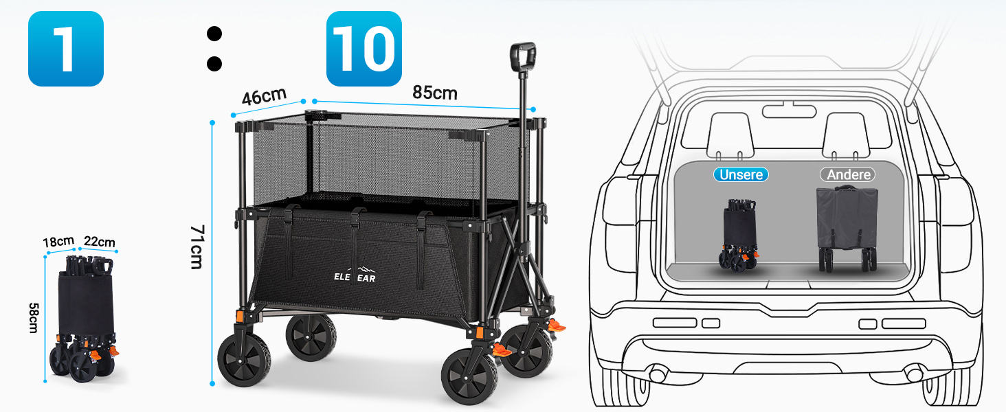 Візок-теліжка Elegear Bollerwagen 200л для пляжу, саду, кемпінгу з гальмами, 2 тримачі для напоїв, 2 бічні кишені, чорний