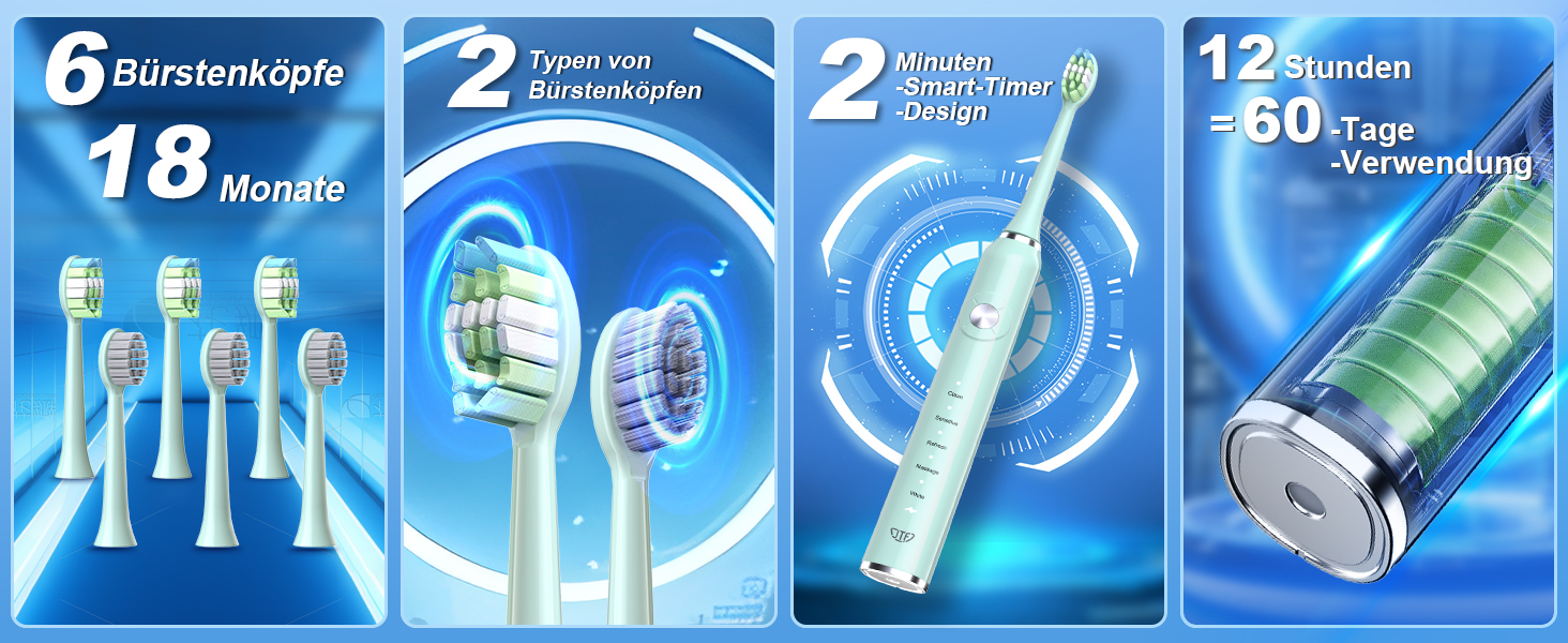 Електрична звукова зубна щітка JTF з 6 насадками 40000 VPM, 5 режимів, IPX7, таймер 2 хв, зелена