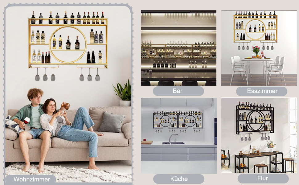 Настінна полиця для вина з металу, 100 см, з тримачем для келихів, LED-підсвічуванням, чорна. Ідеально для бару, вітальні, кухні.