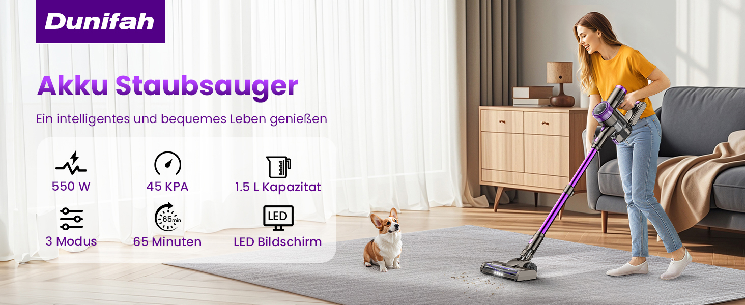 Бездротовий акумуляторний пилосос 45000Pa 550W з LED дисплеєм та антинамотувальною щіткою для шерсті тварин, твердих поверхонь та килимів - до 65 хвилин роботи