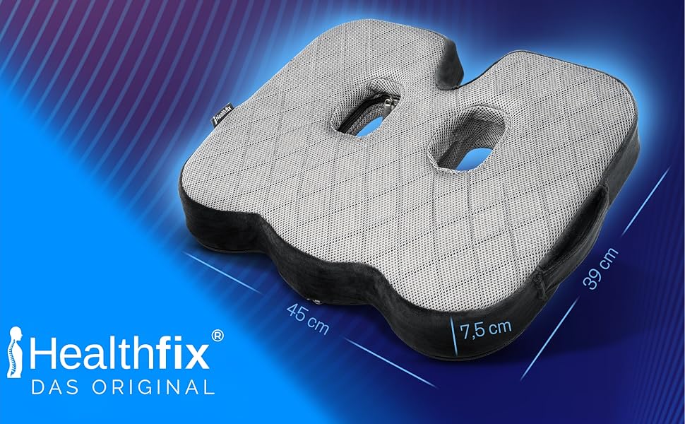 Ортопедична подушка для сидіння Healthfix® для офісу та дому - ергономічна подушка з memory foam для полегшення навантаження на куприк та кістки тазу (середня-жорстка)
