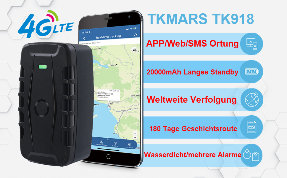 GPS-трекер для авто TKMARS 4G, магнітний, 20000 мА·год, водонепроникний IP67, без абонплати, великий радіус дії, кілька режимів сигналізації, безкоштовний додаток, модель TK918