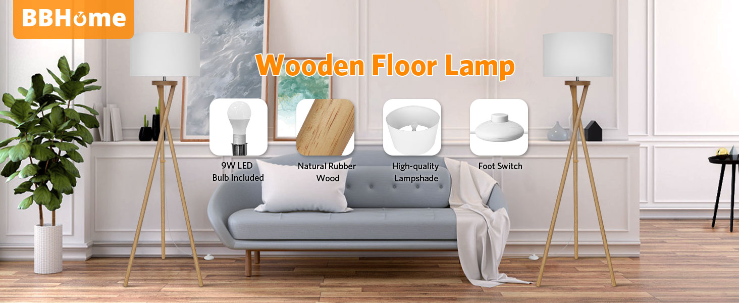 Стійка лампа BBHome для вітальні, спальні, офісу: дерев'яний каркас, LED E27 9W, сучасний дизайн