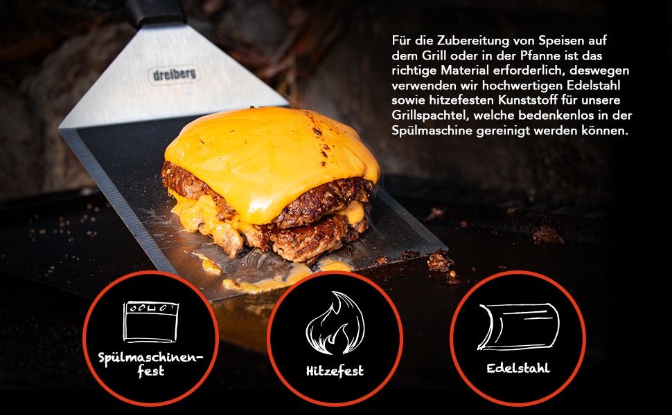 Набір для приготування бургерів DREIBERG® з нержавіючої сталі (9 предметів): шпатель, дзвоники для плавлення сиру, прес, сматчер, дозатор спецій, рецепти та папір для випікання