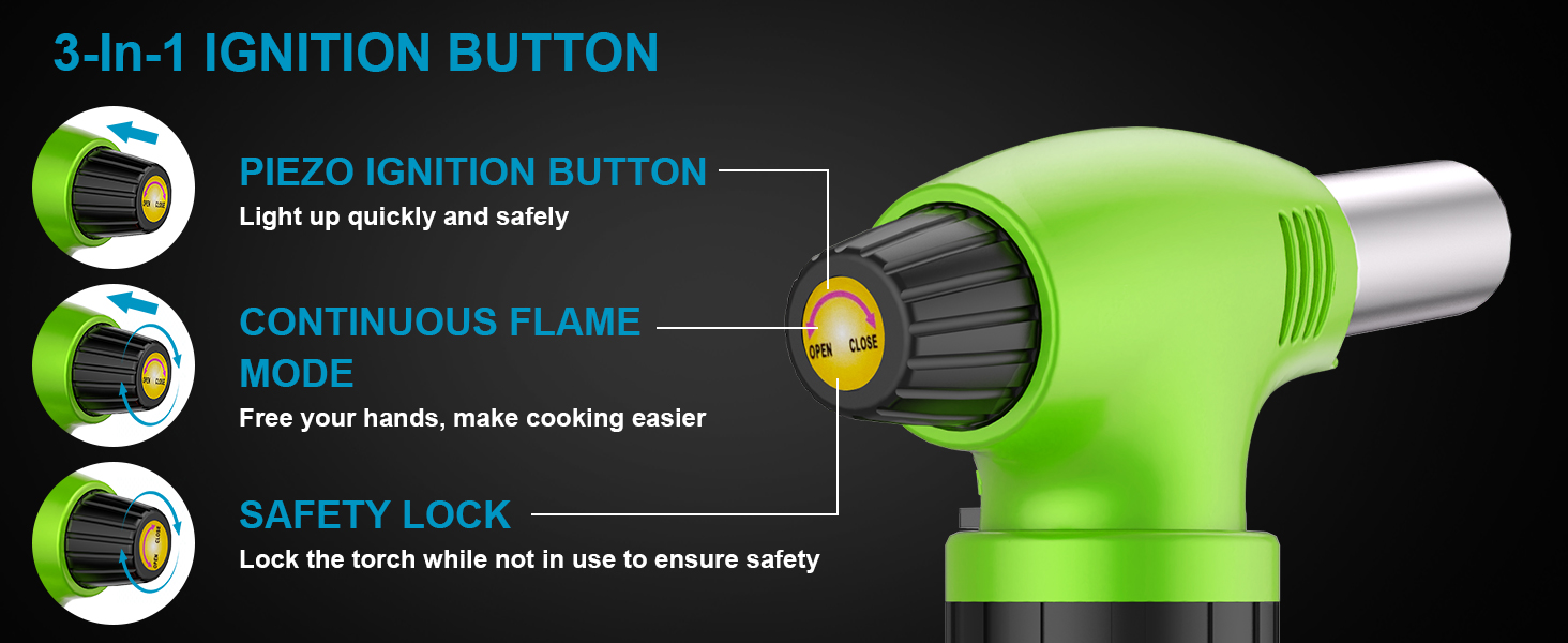 Кулінарний пальник для Крем-брюле, міні-пальник з регулюванням полум'я та захисним замком для десертів та BBQ, зелено-чорний (газ не входить)