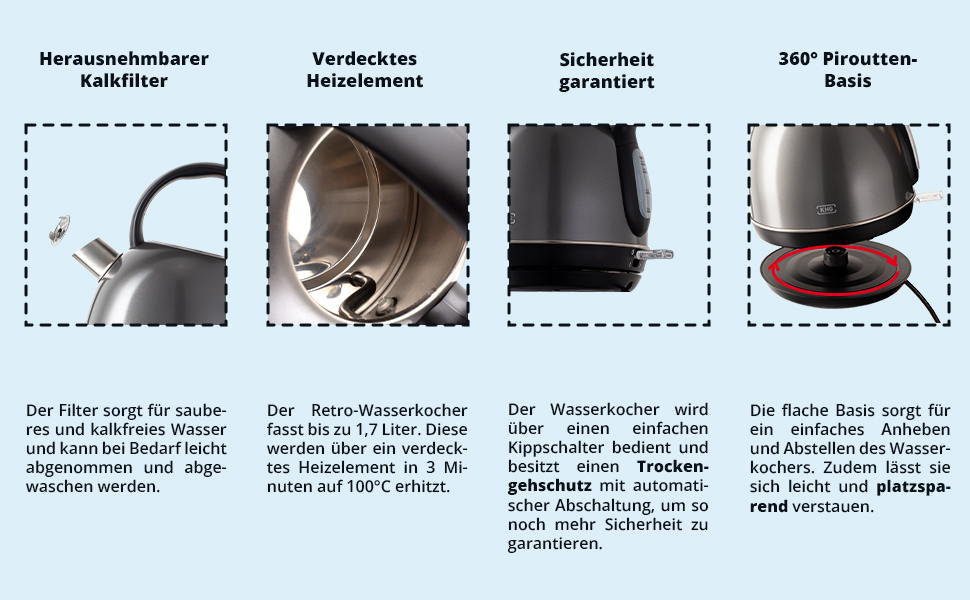 Електричний чайник KHG WK-1711 Retro, зелений, 1.7 л, нержавіюча сталь, з фільтром від накипу, індикатором рівня води, захистом від сухого кипіння та автоматичним вимкненням, прихований нагрівальний елемент, BPA-free, 2200 Вт