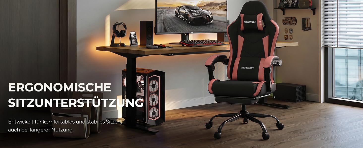 Геймерське крісло Nexthra Ergonomisch з підставкою для ніг, до 180 кг, рожеве. Офісне крісло для геймінгу та роботи, з регульованою спинкою 150°