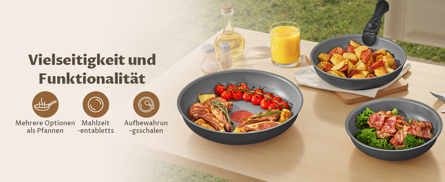 Набір сковорідок 4 шт. 20, 24, 28 см з термоіндикатором, знімні ручки, антипригарне покриття, підходить для всіх плит, можна використовувати в духовці