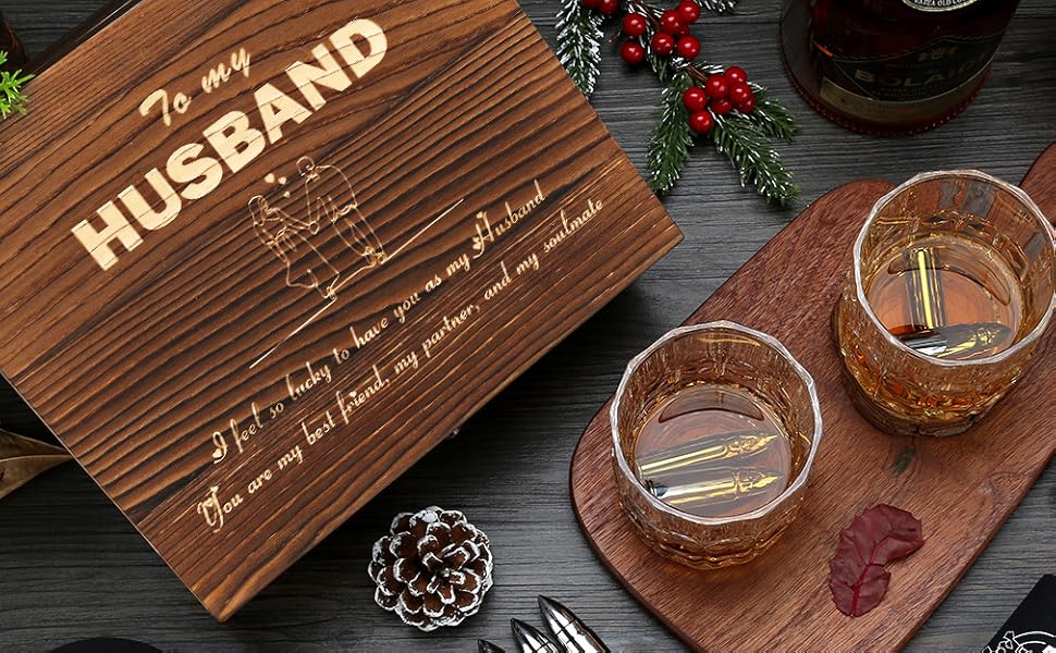 Склянки для віскі з гранітними кубиками льоду, 2 шт., дерев'яна подарункова коробка. Ідеальний подарунок для любителів віскі, чоловіків, на Різдво, День народження, День батька (310 мл). Рельєфні круглі.