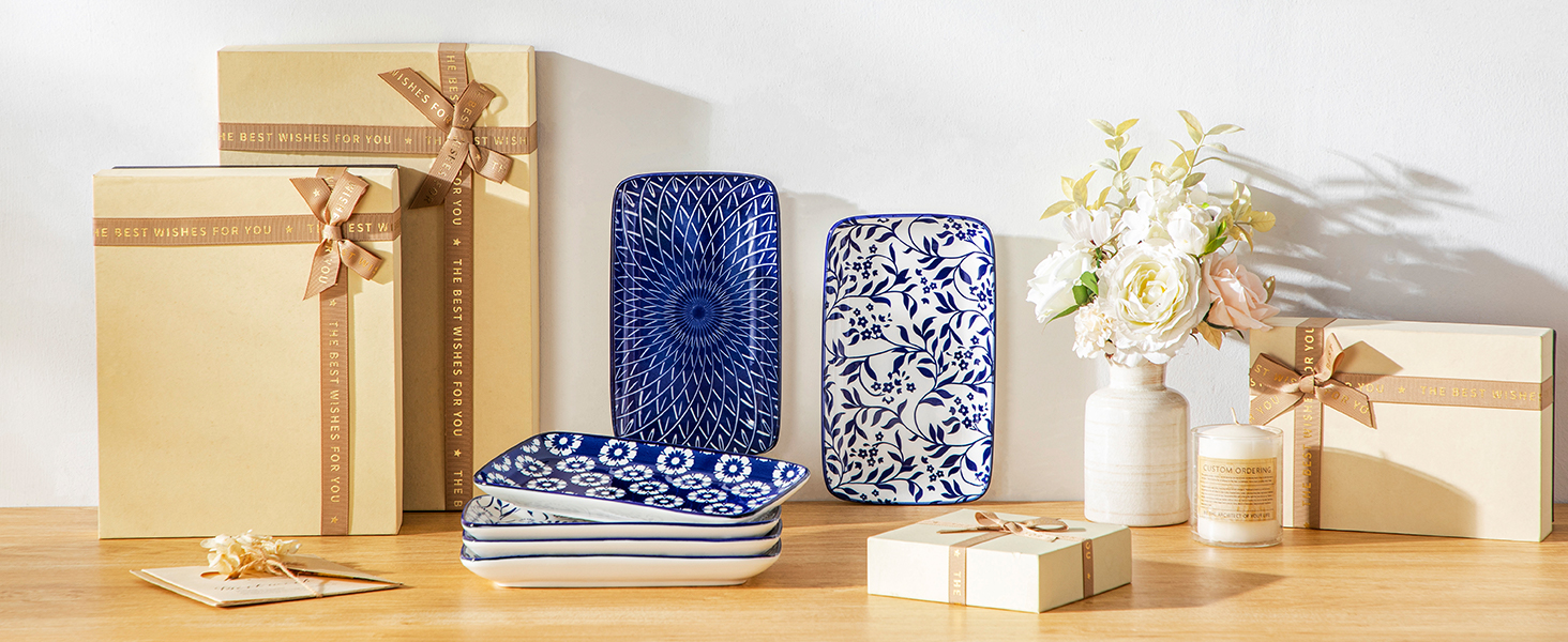 Набір сервірувальних тарілок Vancasso Selene (6 шт.) - великі, прямокутні, порцелянові, для свят, сніданків, фуршетів, сирної тарілки, мікрохвильова піч та посудомийна машина, блакитно-білий колір