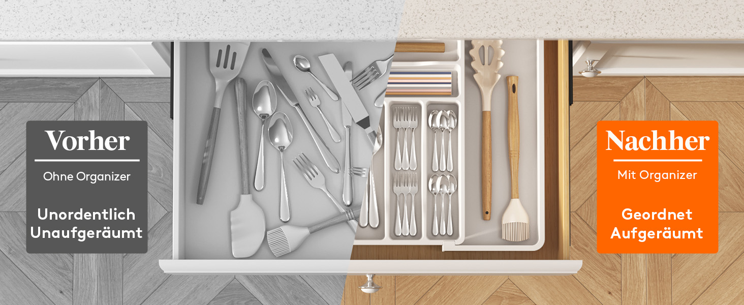 Органайзер для столових приборів Lifewit в шухляду, розсувний, пластиковий, білий 33-57 x 38 x 5 см