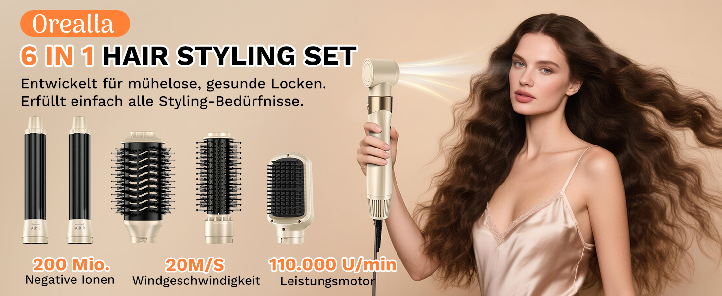 Airstyler 6-в-1: мультистайлер для волосся з автоматичною завивкою, 110000 обертів/хв, для укладання, сушки, створення локонів та об'єму, з чохлом