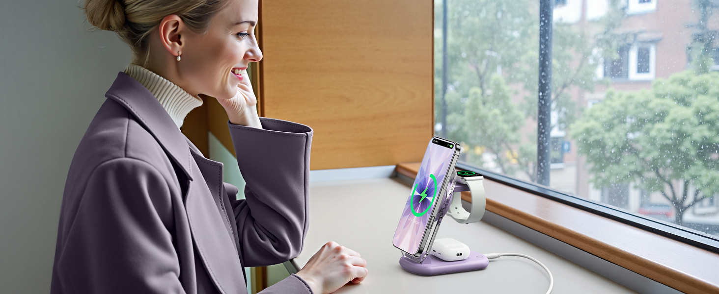 Зарядний пристрій MagSafe 3-в-1 для Apple Watch та iPhone: фіолетовий колір. Підходить для iPhone 17, 16, 15, 14, 13, 12 Pro Max/Air/Plus/Pro та Apple Watch 10/9, Airpods 3/2/Pro