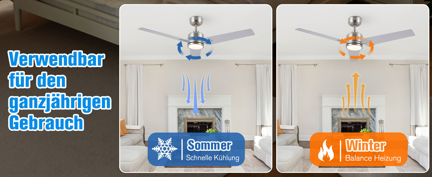 Стеляний вентилятор Newday з дерева білого кольору, 122 см з підсвіткою та пультом керування. Тихий вентилятор на стелю з лампою, регульована яскравість, DC мотор, реверсивний режим для спальні та вітальні (122-silber-holz)