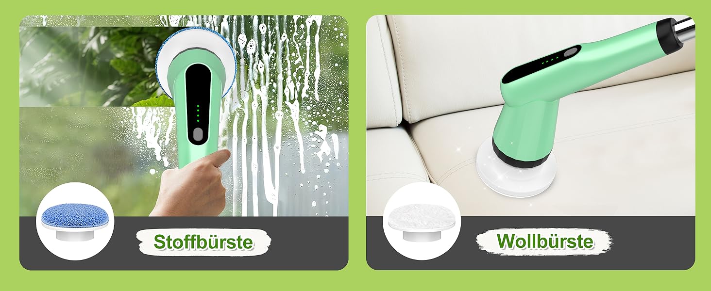Електрична щітка для прибирання з 7 насадок, водонепроникна IPX7, регульована ручка, для ванної, кухні, підлоги, авто (білий/зелений)