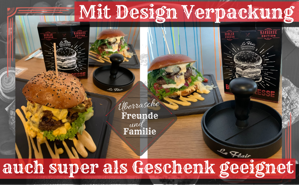 Пресс для бургерів Le Flair® з алюмінію: преміум-якість, з чохлом та 50 аркушами паперу для випікання. Ідеальний подарунок для гриля. Чорний колір.