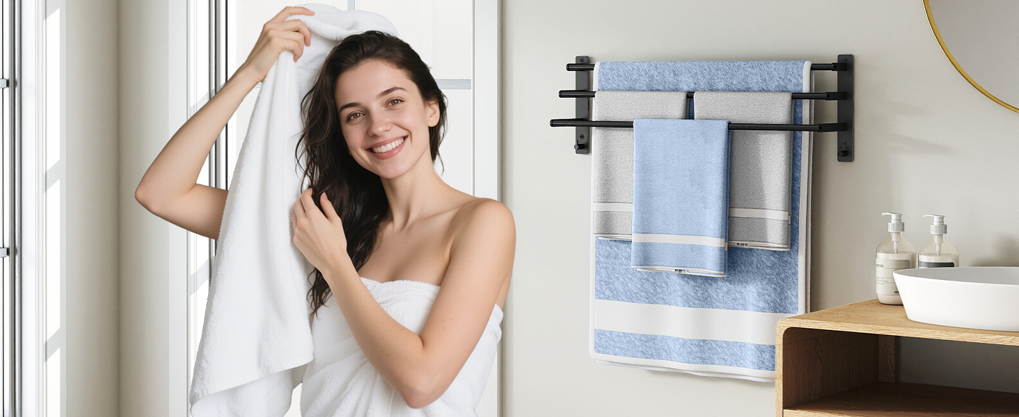 Тримач для рушників 80 см без свердління, чорний, з 3 стержнями, з нержавіючої сталі, з 2 гачками