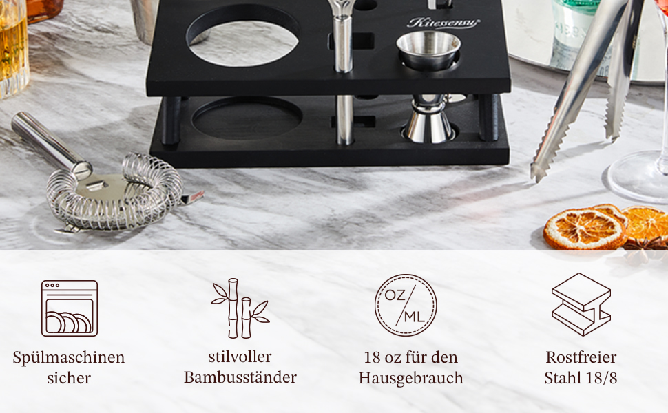 Набір бармена KITESSENSU 6 предметів: шейкер, мірні склянки, сито, щипці, відкривачка – сріблястий барний аксесуар для приготування коктейлів