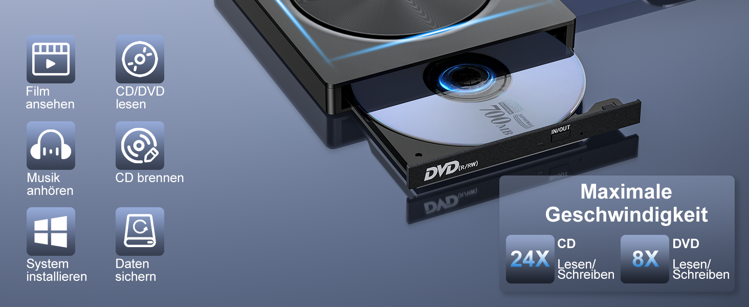 Зовнішній CD/DVD привід USB 3.0 та USB-C, оптичний накопичувач CD/DVD +/-RW ROM для ноутбука, ПК, MacBook, iMac (Windows, MacOS, Linux)