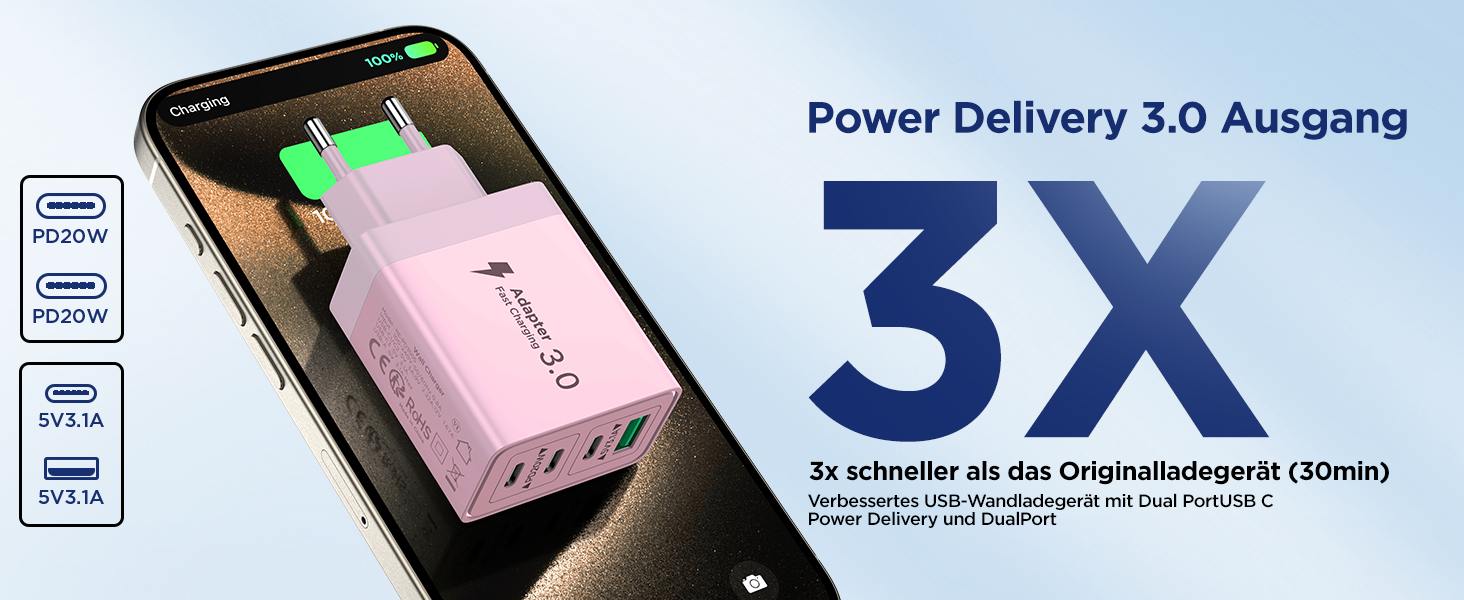 Двопакет USB-C зарядний пристрій Aioneus 4 порти, 40W, PD 3.0, для iPhone, Samsung та інших телефонів (рожевий)