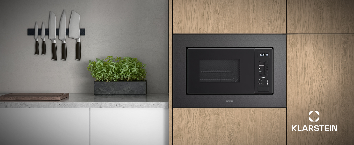 Мікрохвильова піч Klarstein Verosteel Einbaumikrowelle 60 см з грилем – 20L, 700W, 8 програм, сенсорне керування, нержавіюча сталь, функція розморожування, LED-підсвічування, чорна нержавіюча сталь
