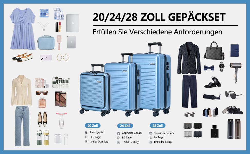 Набір валіз TydeCkare 20/28' (Економ-пакет): 20' ручна валіза з відділенням для ноутбука, 28' велика валіза 101л з ABS+PC корпусом, TSA-замок, Оранжевий (Електро-блакитний, L)