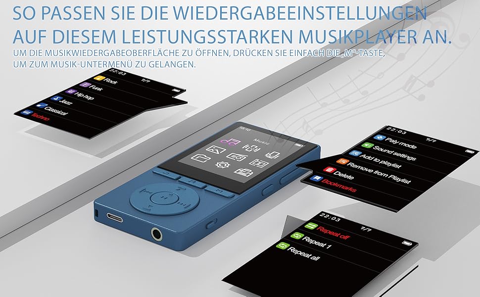 MP3 плеєр 64GB Bluetooth 5.3 з динаміком, HiFi звук, запис голосу, E-book, підтримка TF карти 128GB (Синій)