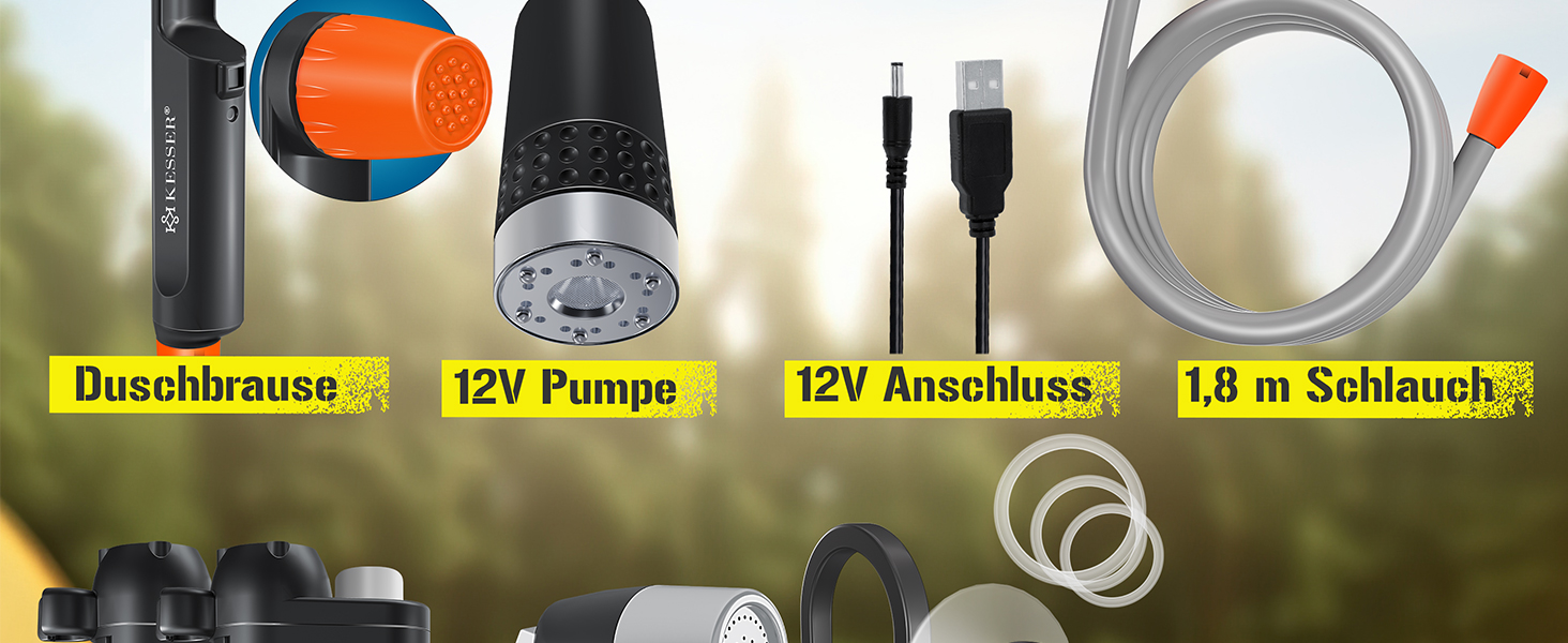 Портативний душ KESSER® з акумулятором, USB зарядка, 12В помпа, для кемпінгу, авто, саду, домашніх тварин, з сумкою