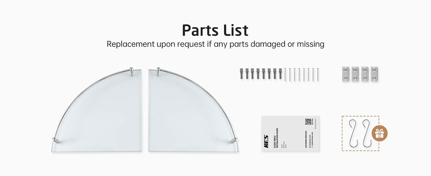 Скляна поличка для душу/ванної кімнати KES, скляна поличка для душу, поличка для ванної кімнати, нержавіюча сталь SUS304, BGS101A--P, щітка, 2 шт.