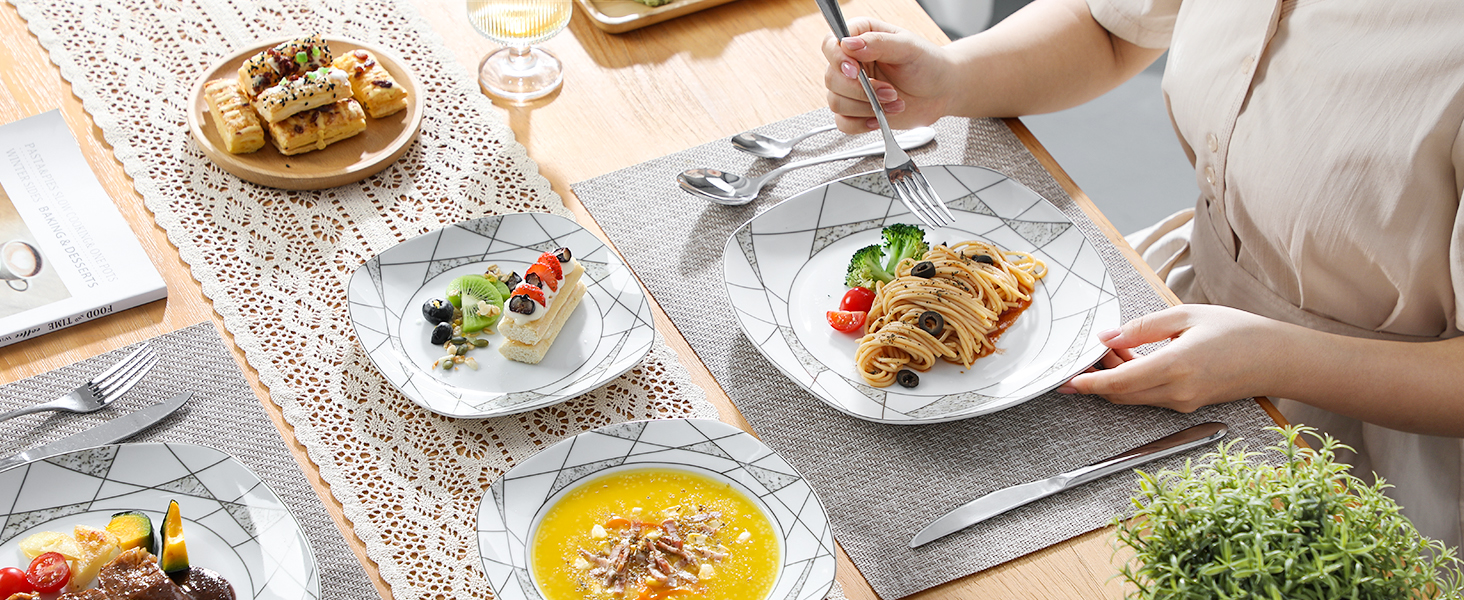 VEWEET Сервіз столовий 'Serena' з порцеляни, 24 частини | Комплект включає миски для каші, десертні тарілки, тарілки для їжі та супові тарілки | Сервіз для 6 осіб/ресторану/сім'ї (Білий, 18-частинний сервіз)