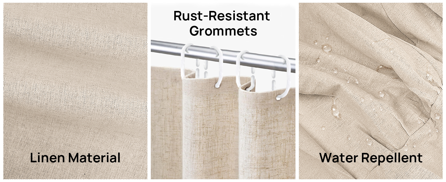Штора для душу 180x180 см Бежева, Льняна текстура - Водонепроникна, з обтяженим краєм, 12 кілець, для ванної кімнати