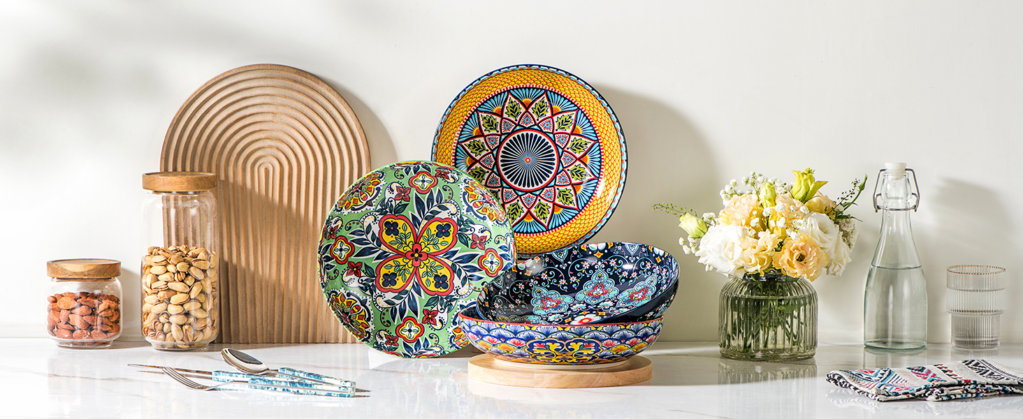 Набір салатників та тарілок HENXFEN з порцеляни (4 шт.) - 1330 мл, богемський стиль