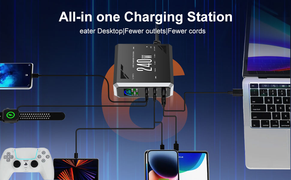 Зарядний пристрій USB C 240W, 6 портів: 4x USB-C + 2x USB-A для MacBook, iPad, iPhone 15 Pro, Samsung та інших пристроїв – швидка зарядка