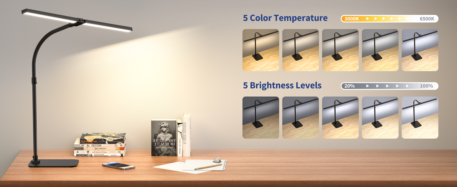 LED лампа для столу Doppelkopf з регулюванням яскравості, 24W, 80см, 5 температур кольору, 5 рівнів яскравості, для роботи, дому, офісу, навчання та читання, чорна