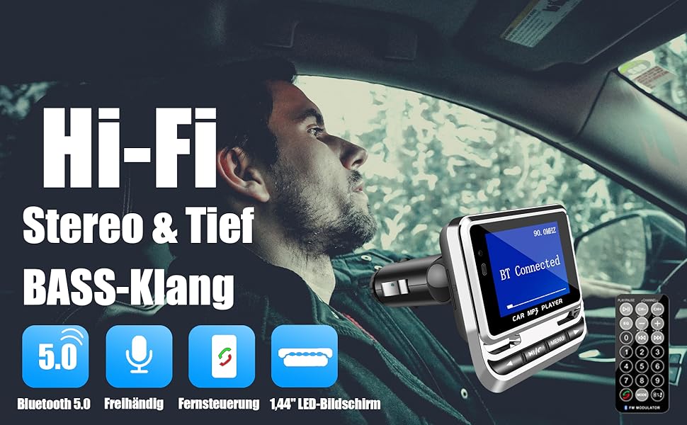FM-трансмітер LEIDIMUS Bluetooth для авто, бездротова гарнітура, MP3-плеєр, USB-зарядка, з пультом дистанційного керування