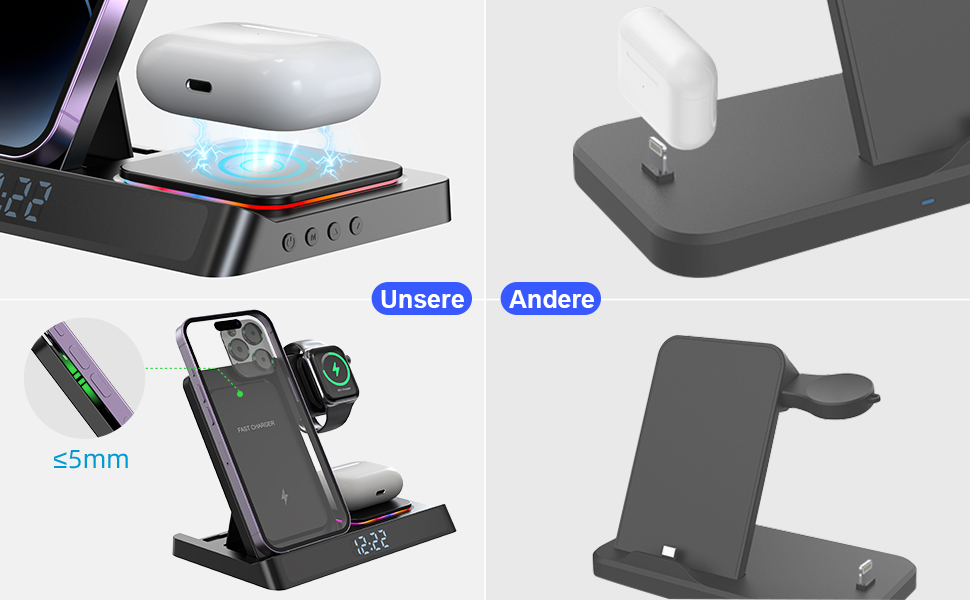 База зарядки 4-в-1 для iPhone та Apple Watch: бездротова зарядка 15W, складна, індуктивна, сумісна з iPhone 16/15/14/13/12/11 Pro SE X XS XR та Apple Watch 9/8/7/6/SE/5/4/3/2, AirPods Pro