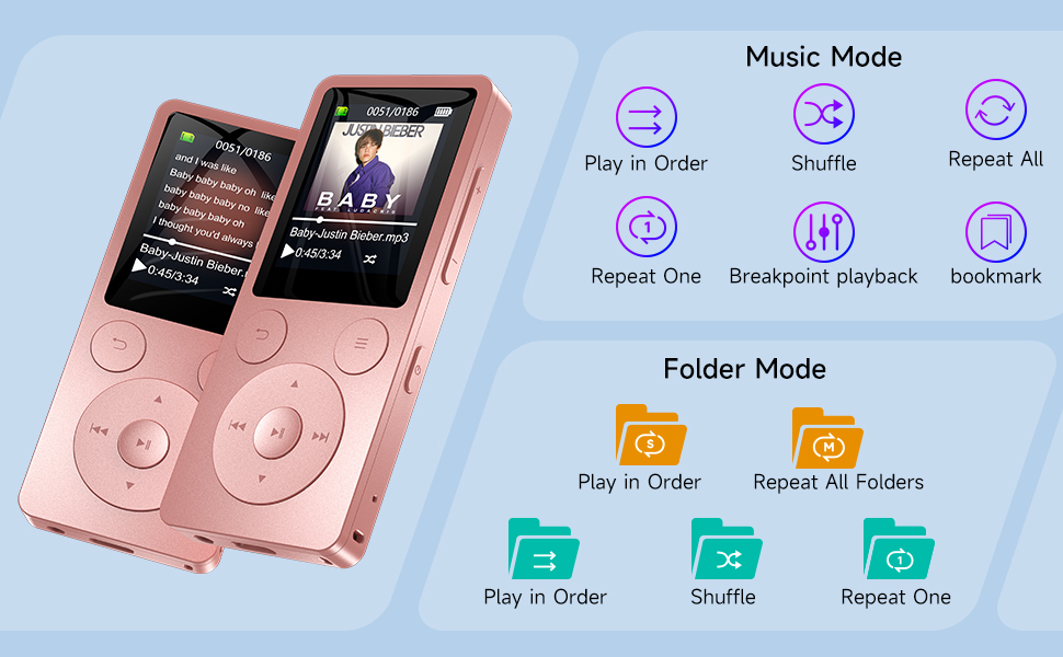 MP3 плеєр 32GB з Bluetooth 5.3 та вбудованим динаміком, FM-радіо, диктофон, HiFi-звук, розширювач пам'яті до 128GB, рожевий